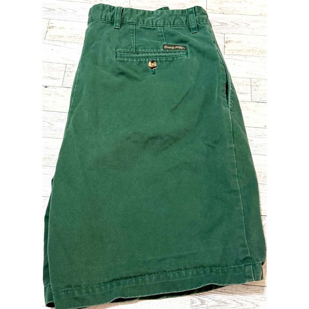 Vtg 90s Tommy Hilfiger Mens 36 Faded Above Knee Pleated Chino Golf Shorts Green